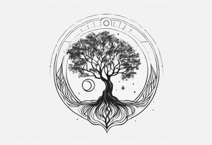 Tree of life with deep roots, the tree is holding the sun and the moon tattoo idea