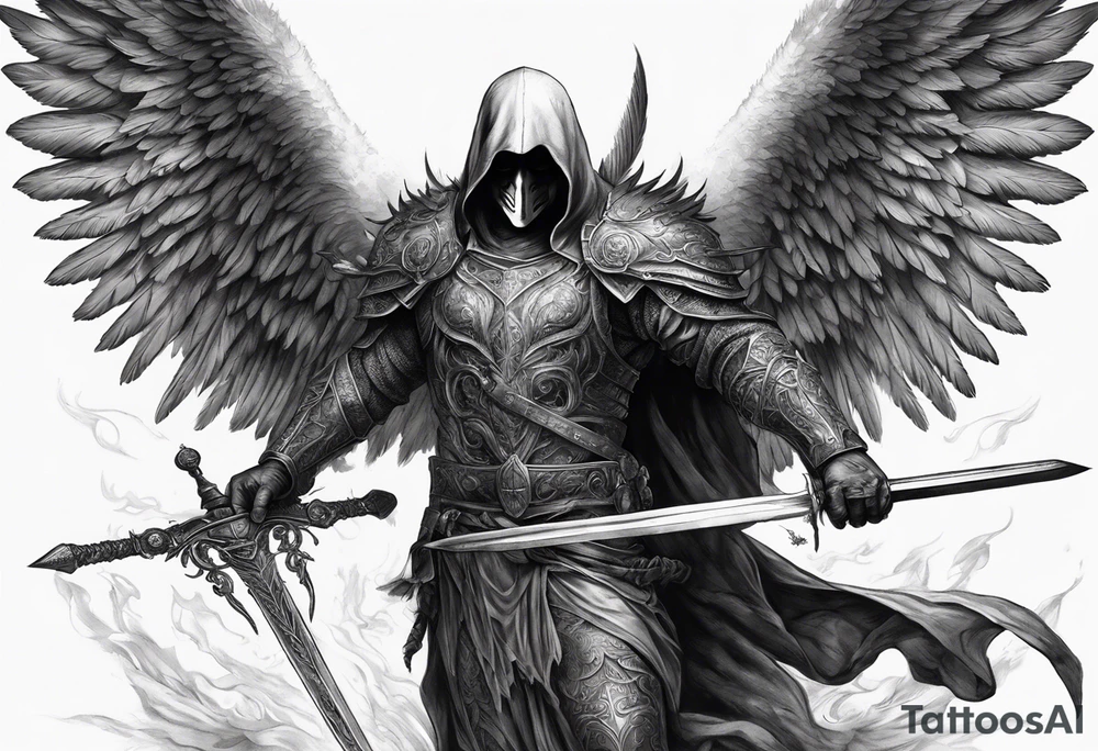 realistic angel of death, man, full body, no face visible, holding one sword, sword pointing downwards, both hands are holding the sword tattoo idea