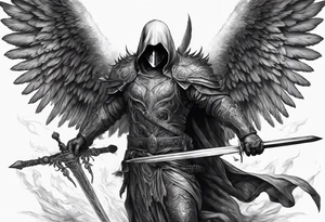 realistic angel of death, man, full body, no face visible, holding one sword, sword pointing downwards, both hands are holding the sword tattoo idea