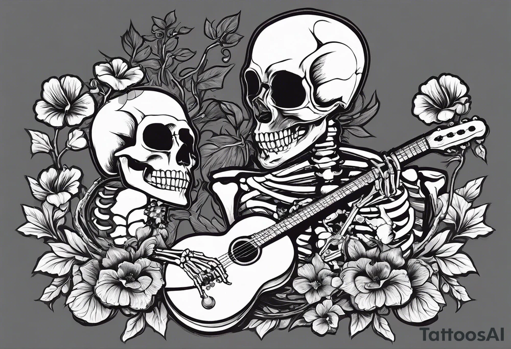 female skeleton listening to a male skeleton play guitar. The female skeleton has a ahibiscus flower behind here ear and is sitting on a korean kimchi pot. tattoo idea