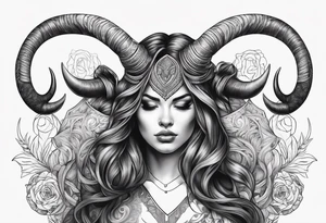 curved horns facing downwards dark realism beautiful woman looking 
front facing view with tattoo idea