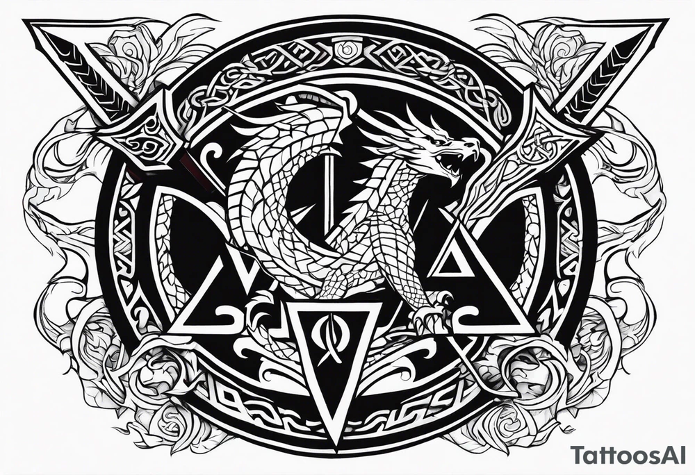 Valhalla sword shield dragon axe Valknut tattoo idea
