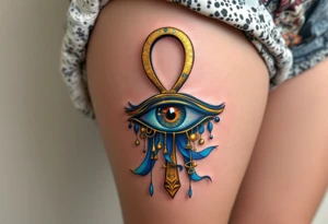 An Ankh resting atop the Eye of Horus, detailed in gold and deep blue, representing divine vision and protection. tattoo idea