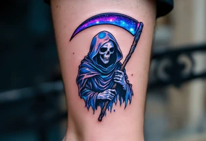 A cosmic-themed Grim Reaper holding a scythe with a galaxy blade in deep purples and blues. tattoo idea