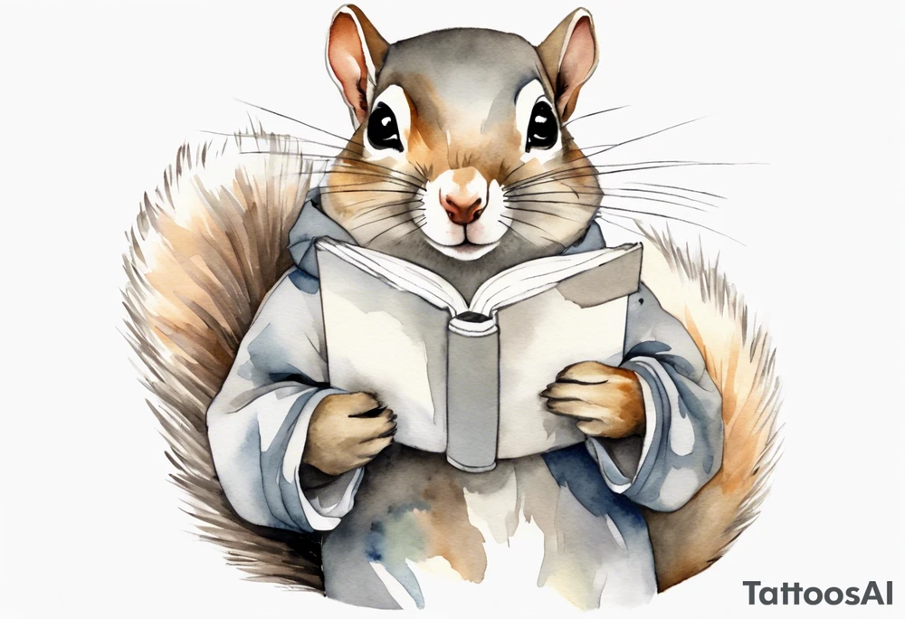 a grey squirrel dressed in a tunic holding a closed book closed tattoo idea