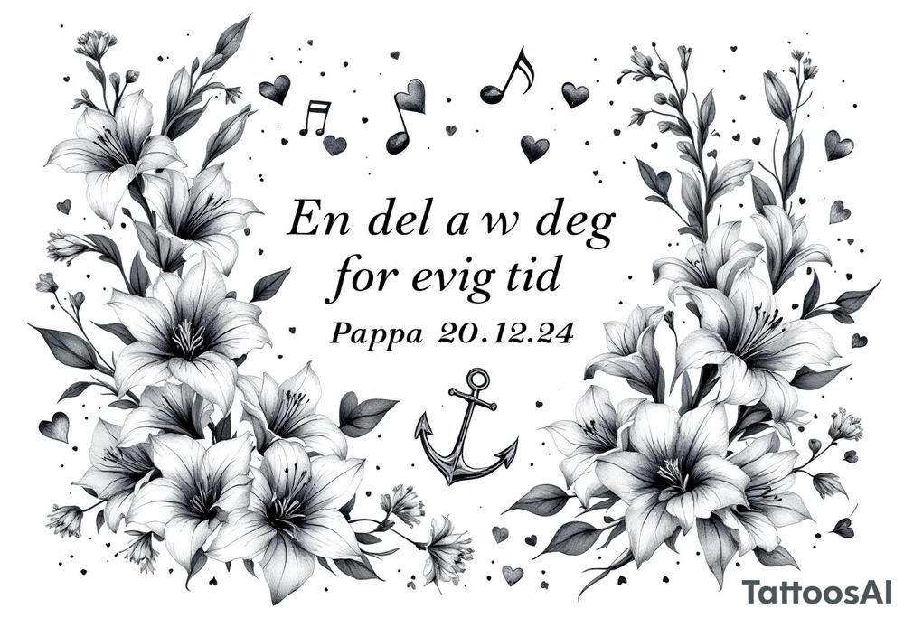 «En del av deg for evig tid
Pappa 20.12.24» Surrounded by long gladiolus, hearts, notes and an anchor.
Make it standing tattoo idea