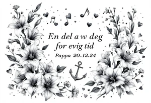 «En del av deg for evig tid
Pappa 20.12.24» Surrounded by long gladiolus, hearts, notes and an anchor.
Make it standing tattoo idea