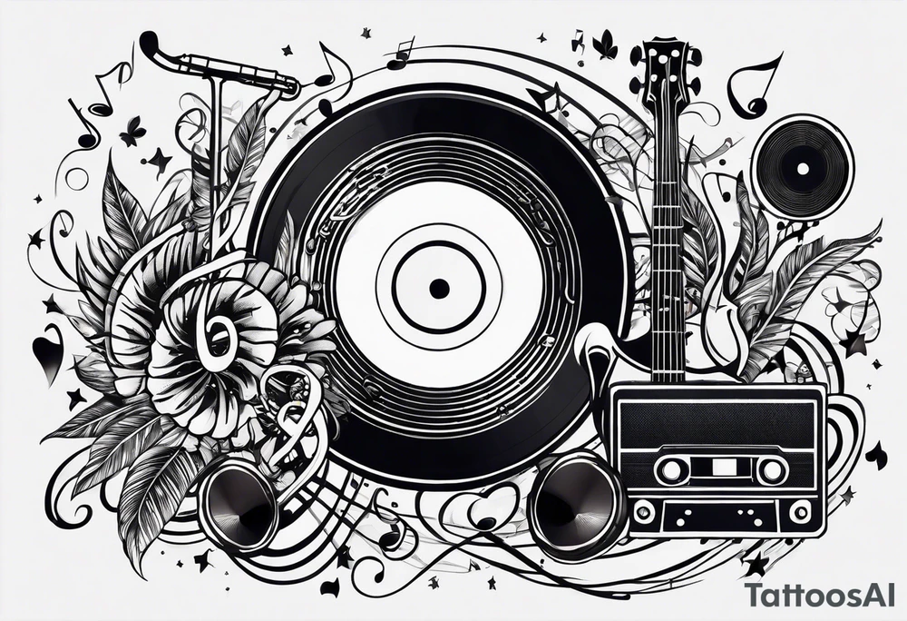 music notes surrounded by a record, a cassette tape, and saxophone parts tattoo idea