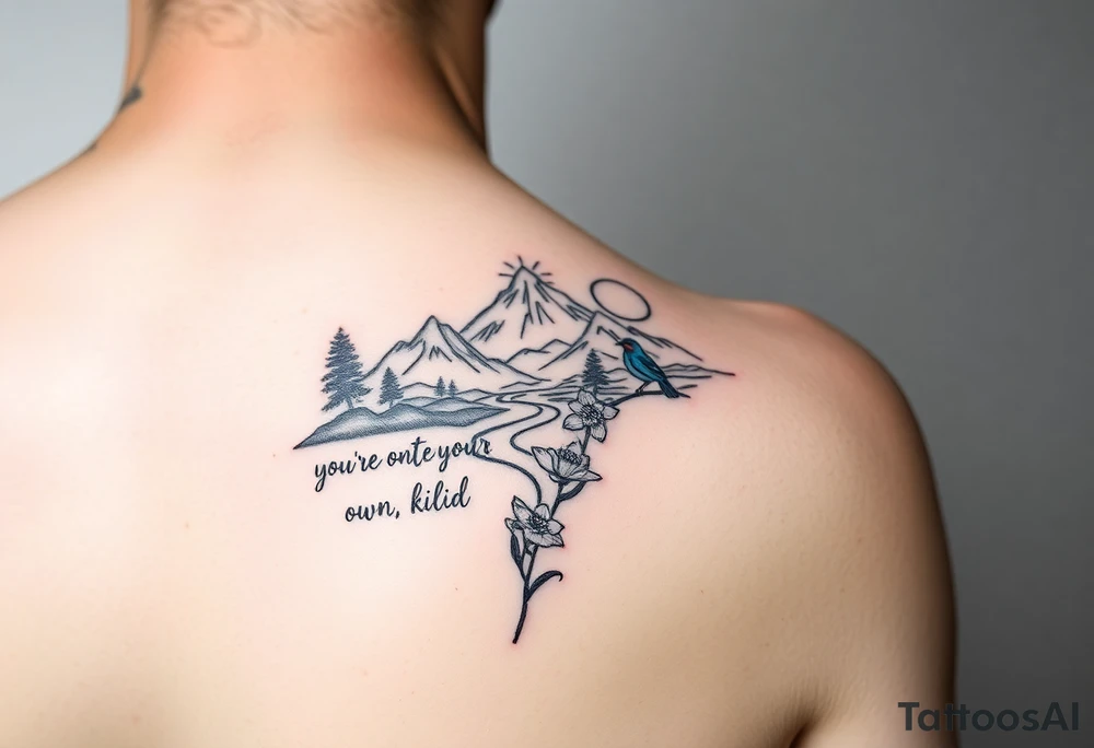 upper arm tattoo with buddhist prayer flags, mountain, river, "you're on your own, kid", little blue bird, daffodil, and full moon tattoo idea