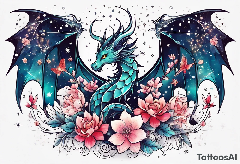 Constellation, wing , snow , cross , dragon female japan kawaii , flower tattoo idea
