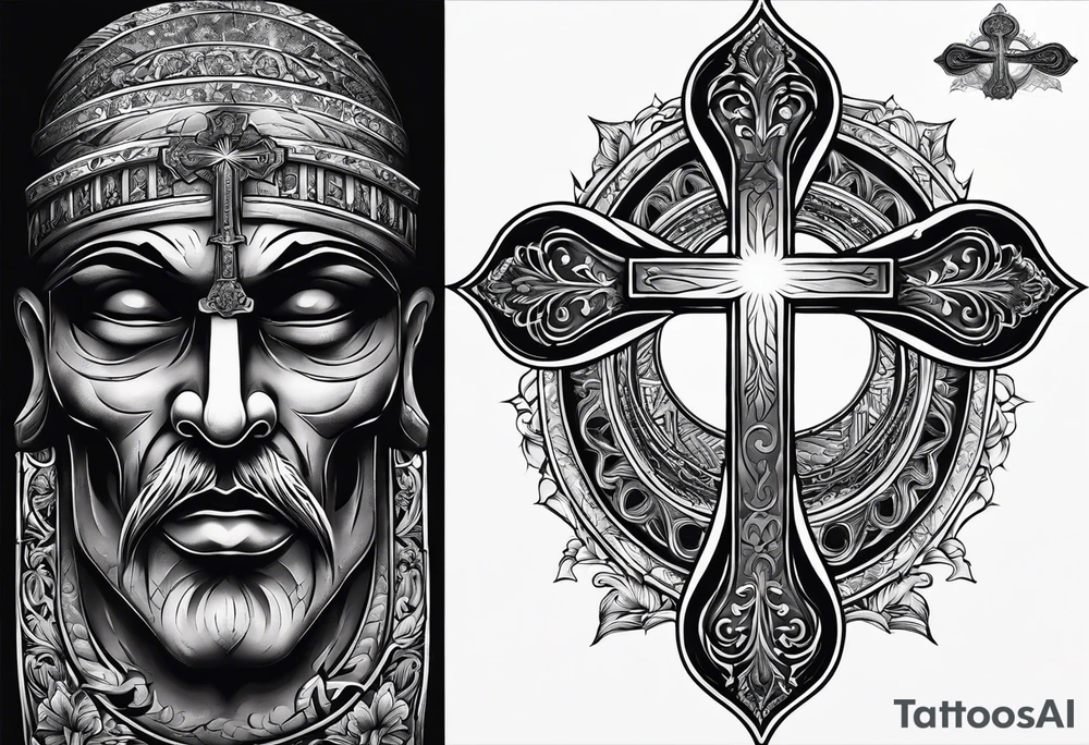 Tomb with cross and sun in the background tattoo idea