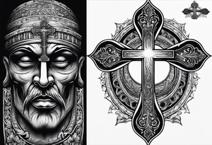Tomb with cross and sun in the background tattoo idea