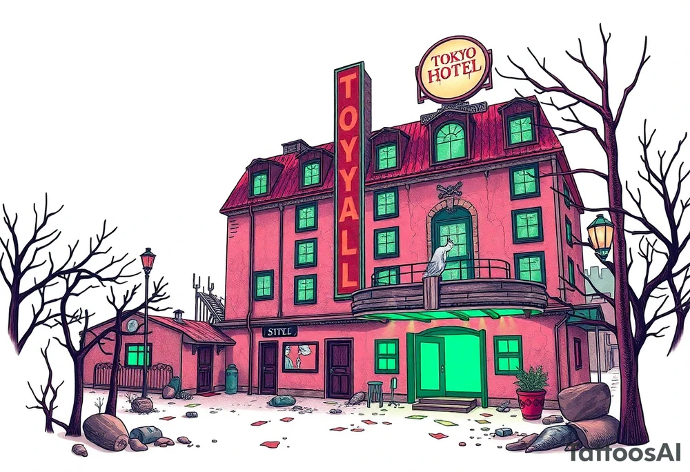 Tim Burton’s Tokyo sex hotel from outside viewis abandoned and dripping with muted reds, dusty pinks, and eerie green glow. tattoo idea tattoo idea