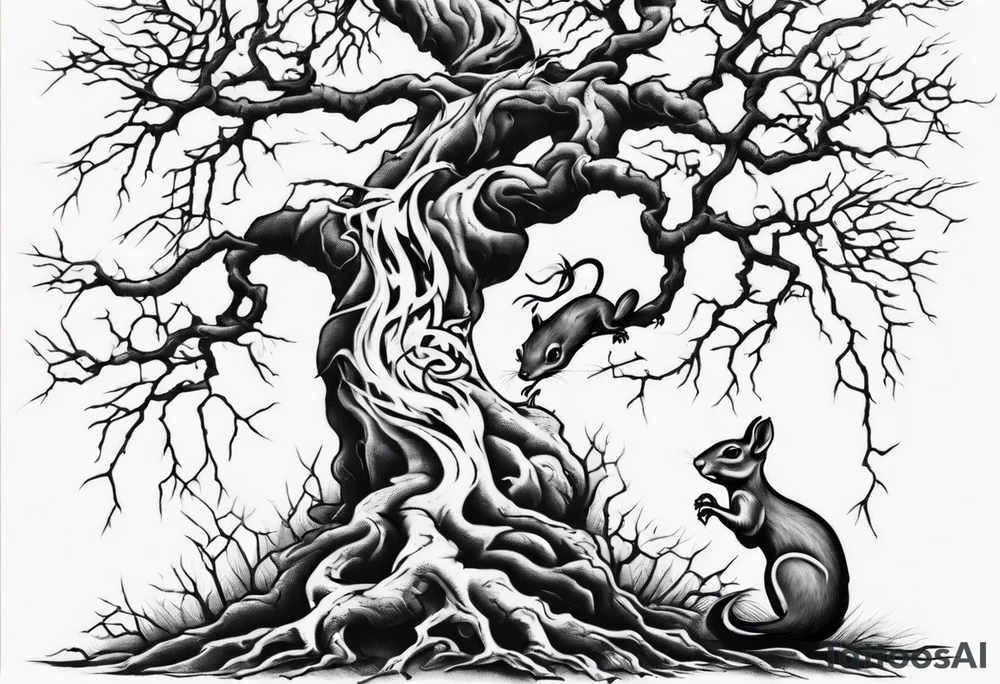 a bare tree with a small squirrel running up the side, a serpent weaving through the tree roots tattoo idea