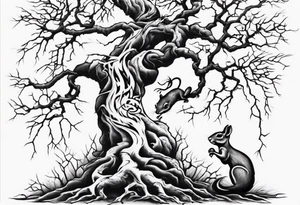 a bare tree with a small squirrel running up the side, a serpent weaving through the tree roots tattoo idea
