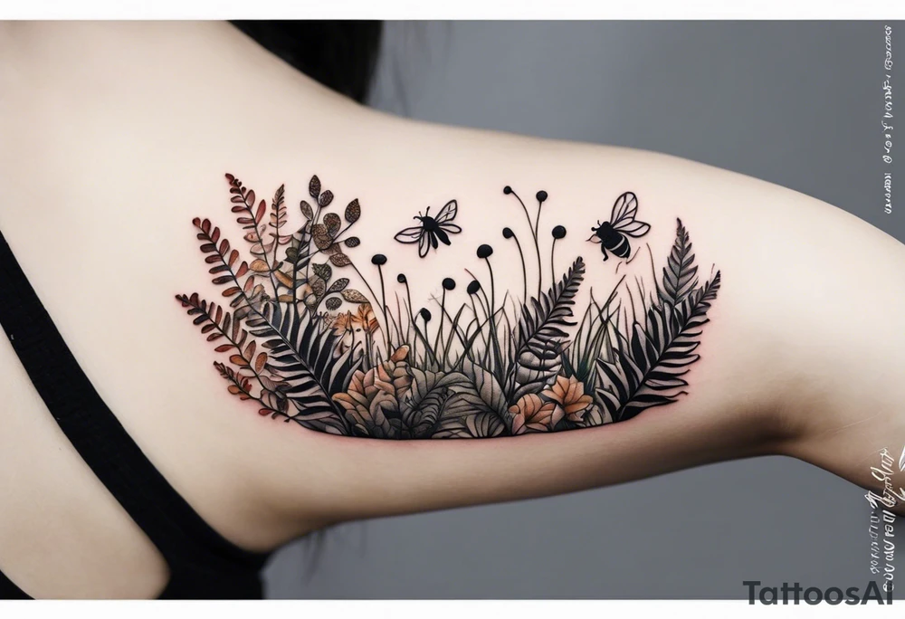 minimalistic forest floor inspired tattoo, which includes grass, curly ferns and dead leaves as the bulk of the tattoo. details to include: three  tiny strawberries, couple of very small brown mushrooms, a tiny bumblebee flying nearby tattoo idea