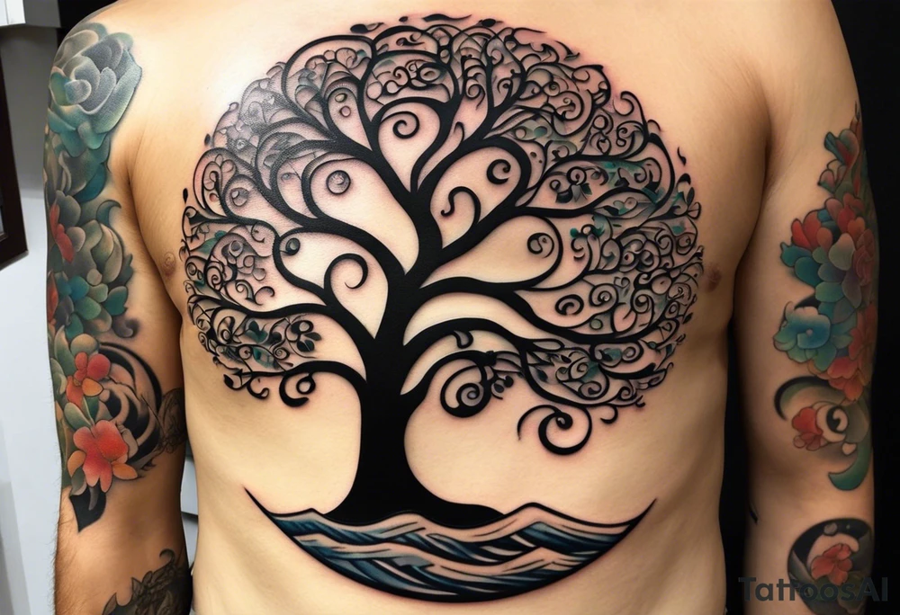an abstract Tree of Life tattoo. It should have roots growing out of the bottom. The roots slowly turn into water from the Great Wave by Hokusai. A golf flag should be placed discreetly growing out of the ground. 2 license plate tags should be hanging from the tree. Place a few music notes in the areas the leaves should be. The letters A U should be engraved into the tree trunk in a heart. tattoo idea