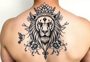 powerful majestic lion with a crown, surrounded by floral ornaments and birds tattoo idea