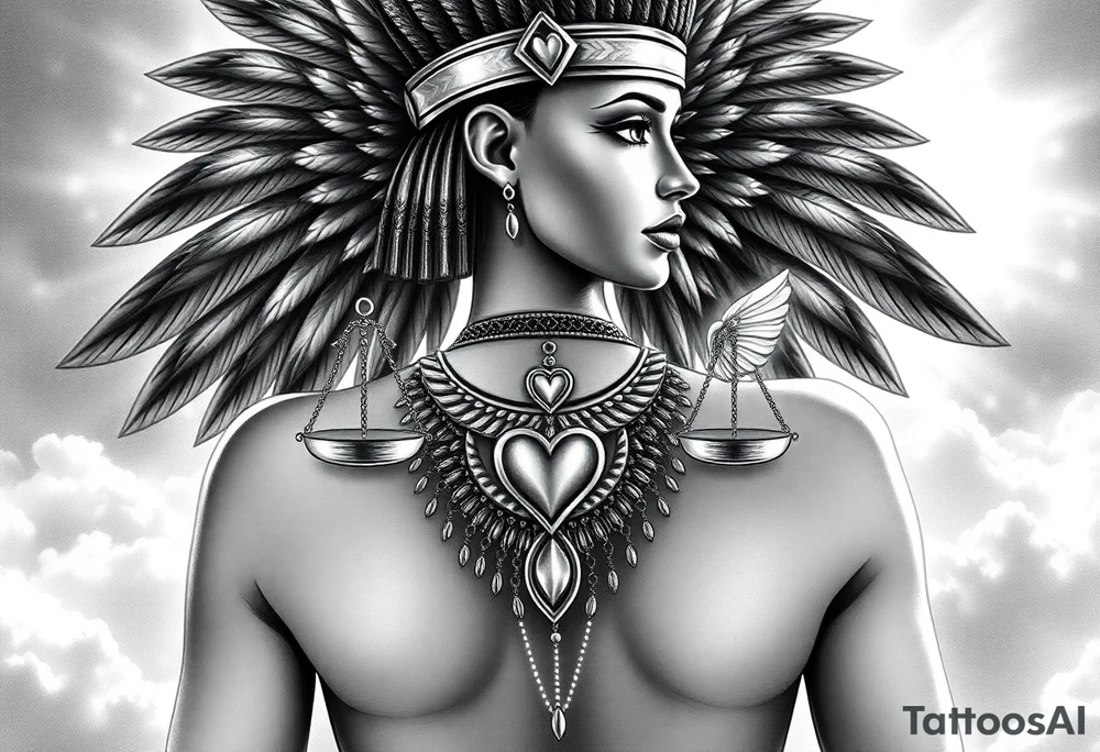 Beautiful Egyptian goddess with a curvy sexy body. She is wearing an ostrich feather headdress, and intricate ancient Egyptian jewelry the Anhk necklace. Background includes something similar to heaven. Incorporate the Scales of Justice—one side holding a heart, the other Ma’at’s feather—glowing with ethereal energy. Emphasize dramatic lighting, deep shadows, and surreal, mystical atmosphere tattoo idea