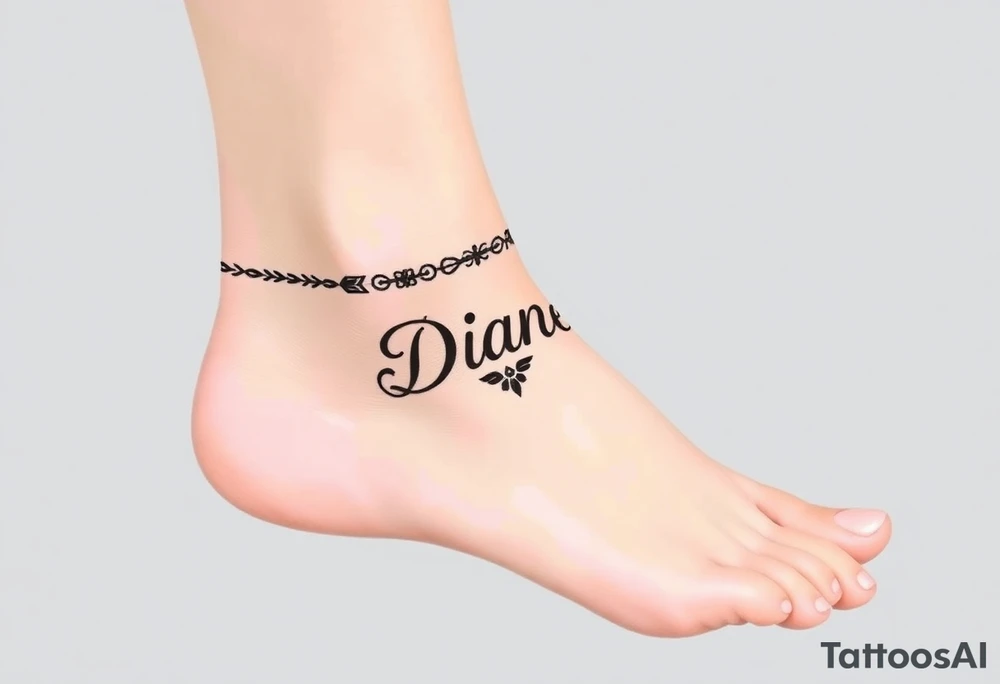 Anklet and charm name Diane on foot tattoo idea
