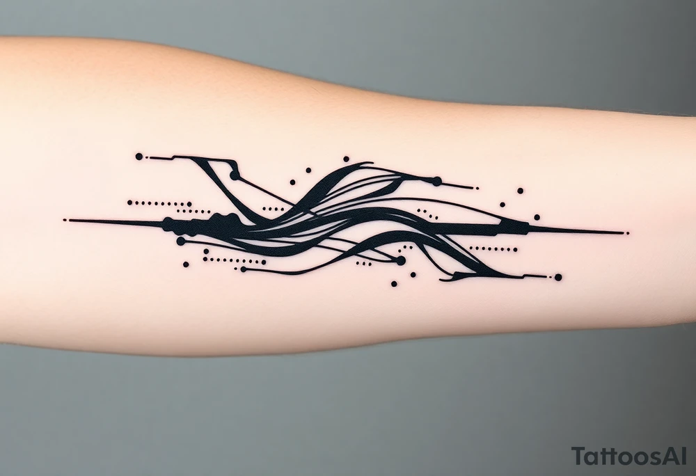 Abstract black line tattoo for a male, inner forearm and elbow area.
Broken, segmented flowing lines, sharp turns, mechanical rhythm, subtle dot accents.
Not delicate, not ornamental, technical and controlled motion.
Black ink only, no shading, photo-accurate tattoo design. tattoo idea