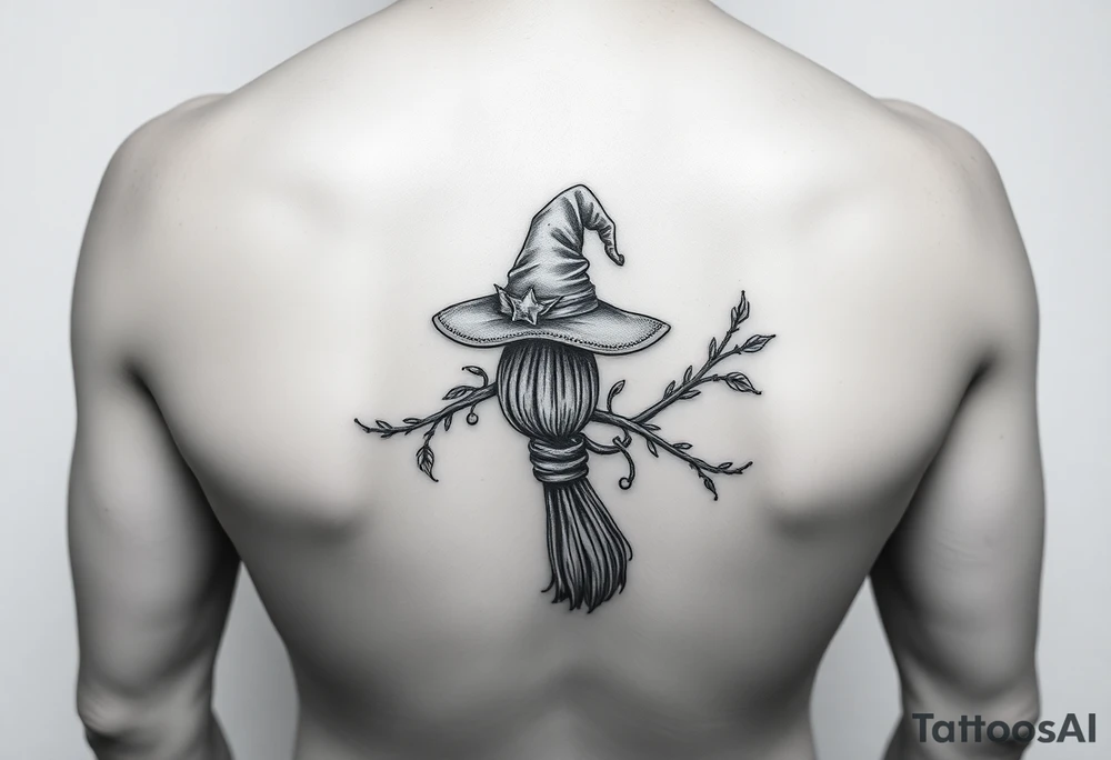 Which is broom with a witches hat with vines and feathers 
Smaller broom with hat placed on top or in the middle
Feminine and on a leg or calf tattoo idea