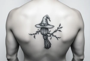 Which is broom with a witches hat with vines and feathers 
Smaller broom with hat placed on top or in the middle
Feminine and on a leg or calf tattoo idea