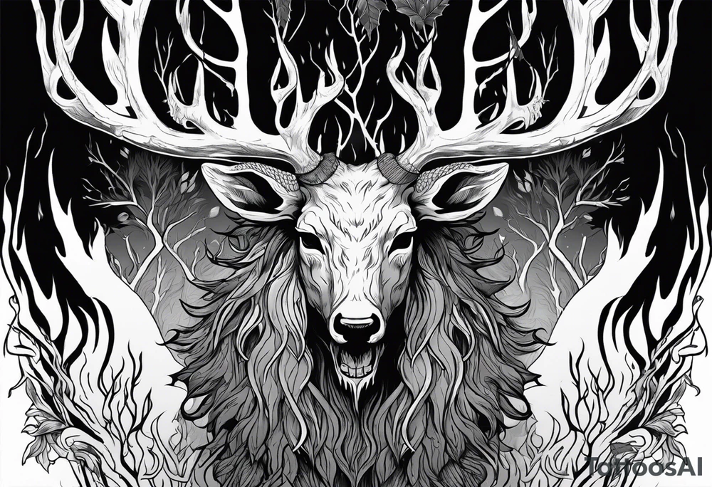 A wendigo with a decayed deer skull head with flames behind in a forest tattoo idea