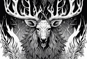 A wendigo with a decayed deer skull head with flames behind in a forest tattoo idea