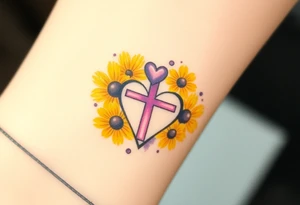 Yellow daisy Purple Hearts around a cross tattoo idea