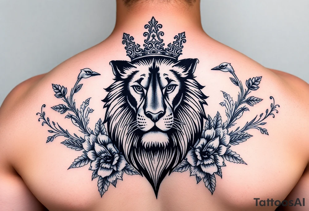 powerful majestic lion with a crown, surrounded by floral ornaments and birds tattoo idea