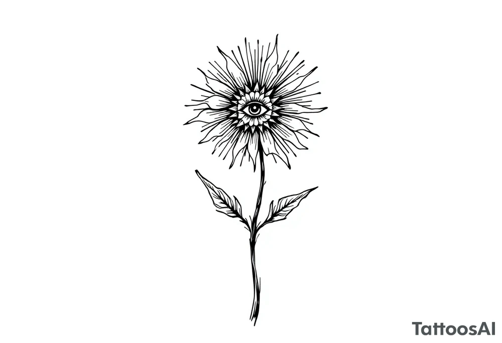 A long flower with stalk and leaves and with the centre being an eye and around the petals having black sunrays tattoo idea