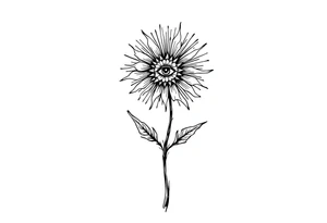 A long flower with stalk and leaves and with the centre being an eye and around the petals having black sunrays tattoo idea