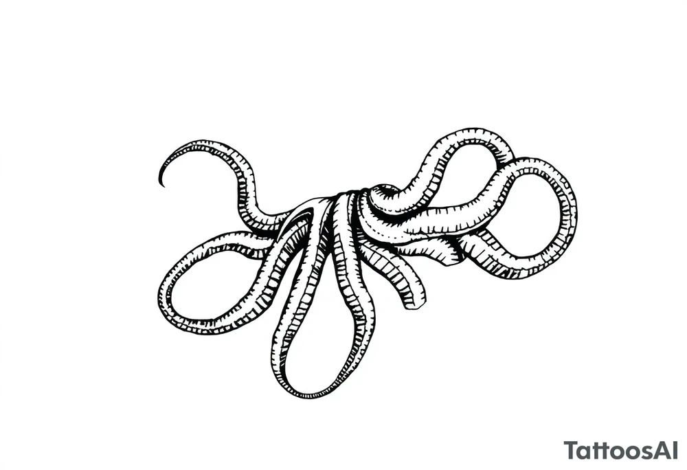 A minimalist blackwork tattoo design of a kraken The kraken is viewed from a 45-degree angle facing left, with its head centered. The tentacles extend only to the left and right, with none going downward beneath the head. The style is clean, fine-line detailing with bold outlines, avoiding heavy shading. The tentacles should be fluid, aggressive, and striking, enhancing the menacing and eerie look of the kraken while maintaining a cohesive design for a tattoo sleeve. tattoo idea