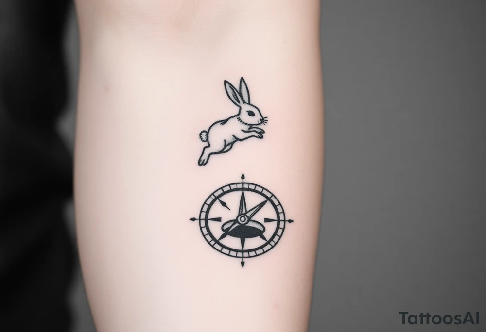 Rabbit jumping on top the compass that looks like a rabbit hole. tattoo idea