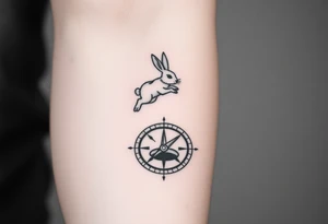 Rabbit jumping on top the compass that looks like a rabbit hole. tattoo idea