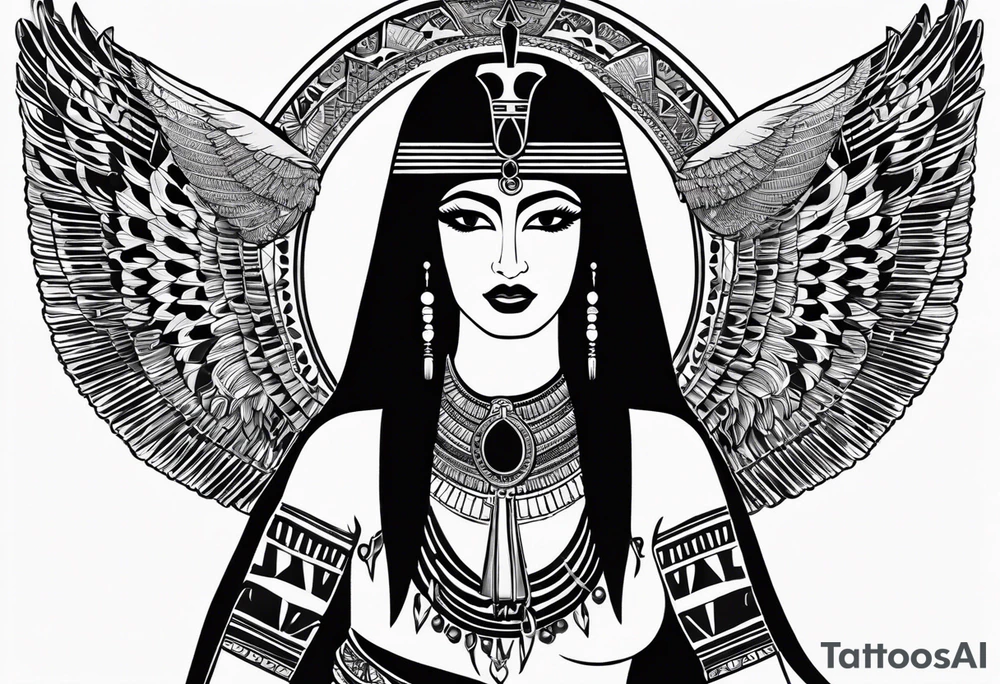 black and white Egyptian goddess Isis, who is often depicted as a woman with outstretched wings, holding an ankh (a symbol of life) in one hand and a lotus flower in the other. Her headdress often includes a throne or a solar disk. The tattoo design can vary in style and size, but it typically aims to capture the essence of this revered Egyptian deity, emphasizing her beauty, power, and maternal qualities. The choice of colors and additional elements can also be customized to create a unique and visually striking representation of the goddess Isis tattoo idea
