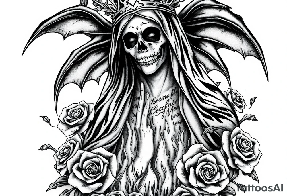 Powerful and evil Santa muerte rising from the flames and ashes of hell, surrounded by unclaimed souls and roses tattoo idea