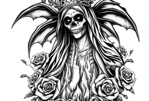 Powerful and evil Santa muerte rising from the flames and ashes of hell, surrounded by unclaimed souls and roses tattoo idea