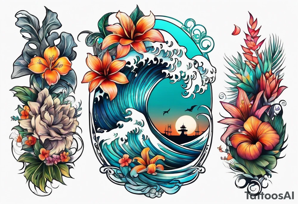 sea, flower, palm, animal tattoo idea