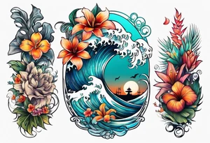 sea, flower, palm, animal tattoo idea