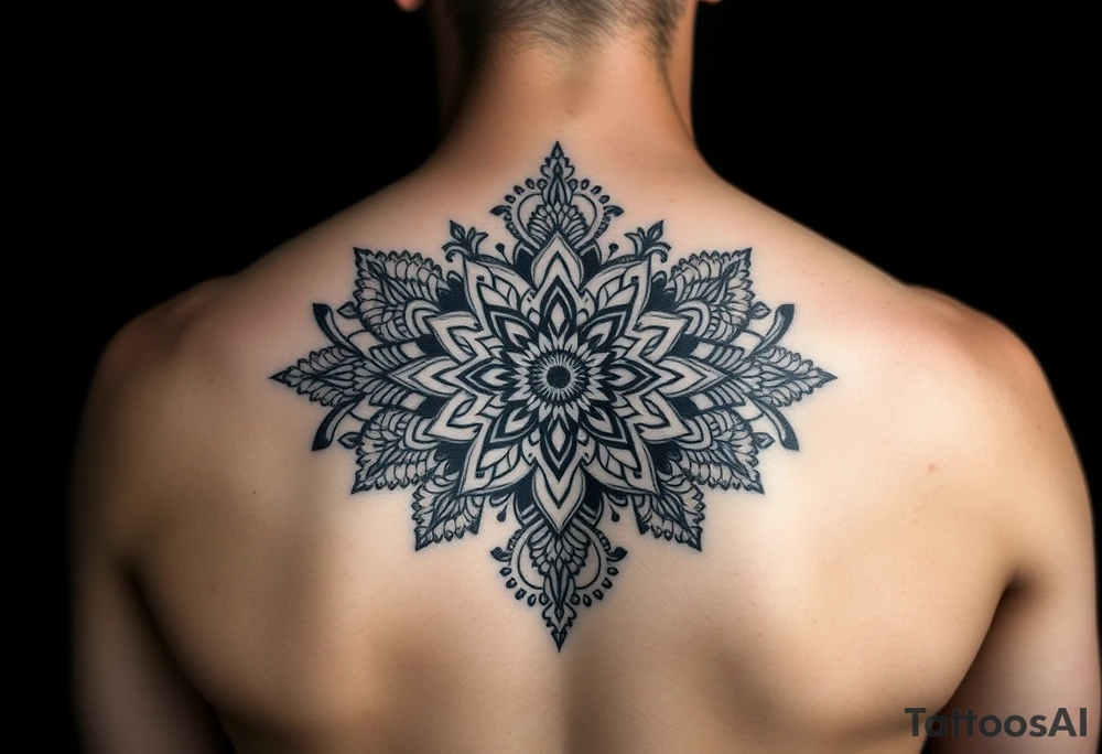 spine tattoo design with symmetrical ornamental patterns, combining dotwork, mandala elements, and flowing lines that follow the natural curves of the body. The design is intricate and balanced tattoo idea