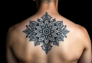 spine tattoo design with symmetrical ornamental patterns, combining dotwork, mandala elements, and flowing lines that follow the natural curves of the body. The design is intricate and balanced tattoo idea