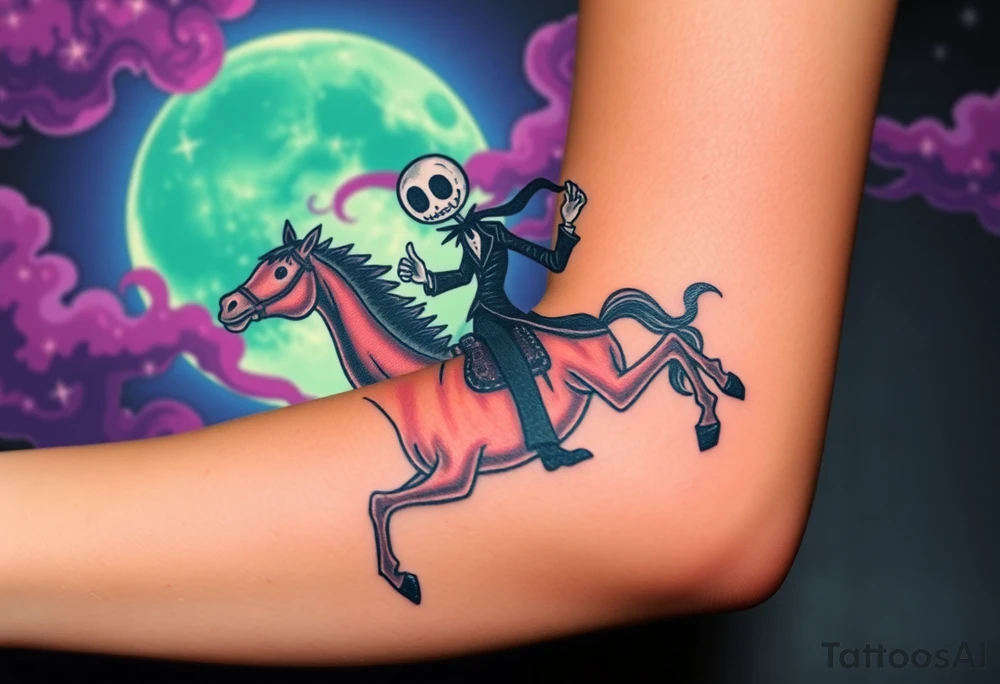 Tim Burton’s sleepy hallow headless horseman is riding in the night he holds his head in hand as his horse bucks upwards and dripping with muted reds, dusty pinks, and eerie green glow.purple and cyan smokey clouds swirl in the crescent moonlit sky thats sprinkled with stars tattoo idea tattoo idea