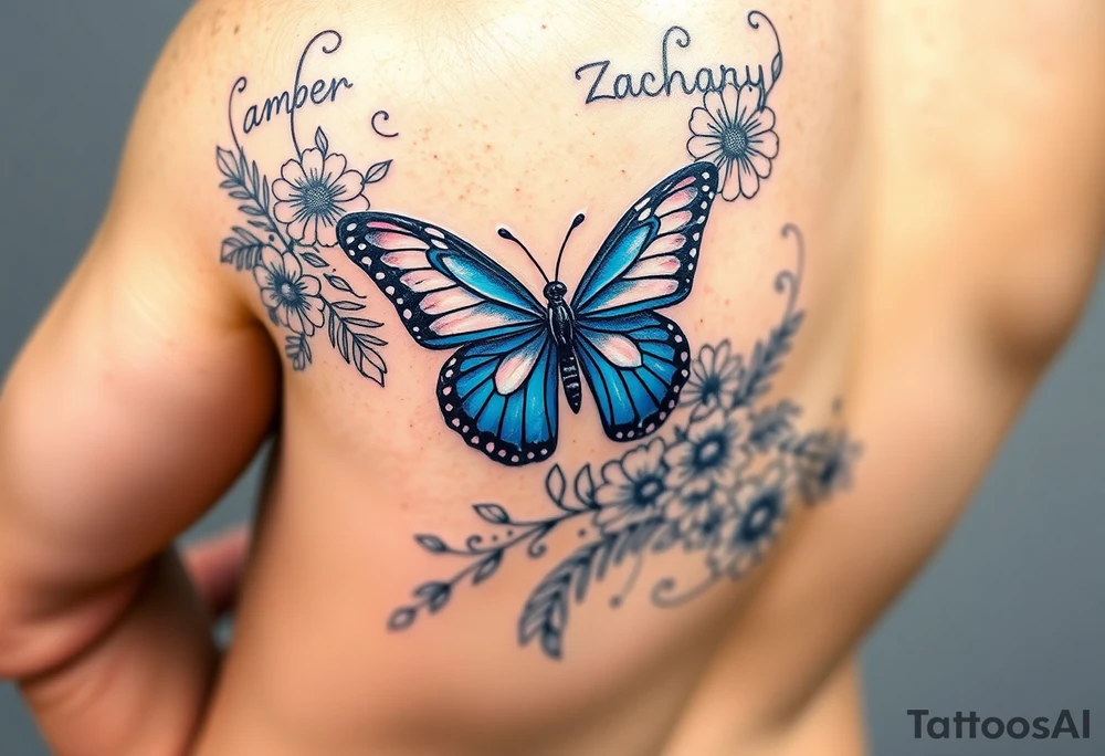 Sleeve/ floral with vines roses and daises large bright blue monarch in center of forearm with floral extending from wrist to mid bicep children’s names written with vines “ amber, Zachary, Justin, Harper, Vivian “ ARM SLEEVE tattoo idea
