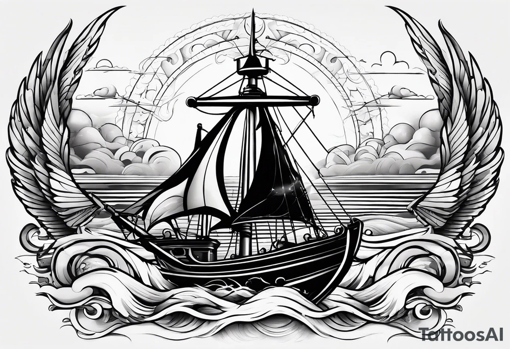 a ship anchor with a large S through the anchor and angle wings on the left and right side. ocean waves in the background tattoo idea