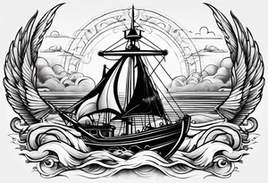 a ship anchor with a large S through the anchor and angle wings on the left and right side. ocean waves in the background tattoo idea