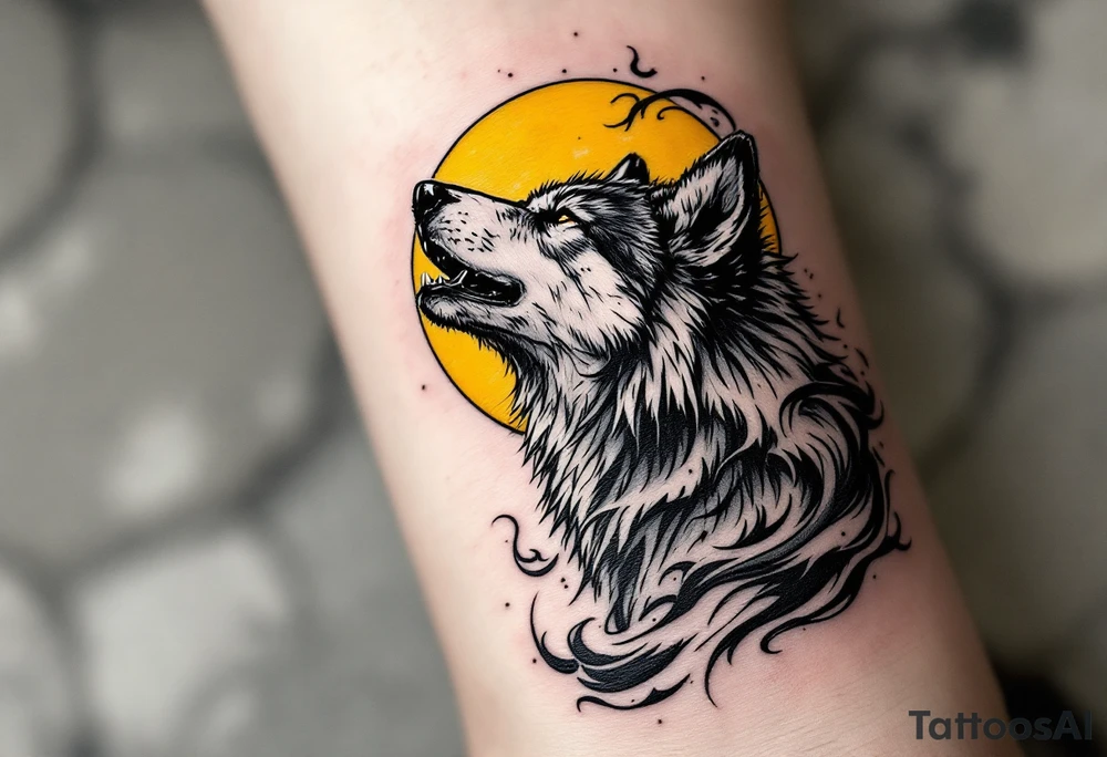 A howling gray wolf under a full yellow moon, surrounded by stylized wind swirls. tattoo idea