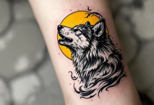 A howling gray wolf under a full yellow moon, surrounded by stylized wind swirls. tattoo idea