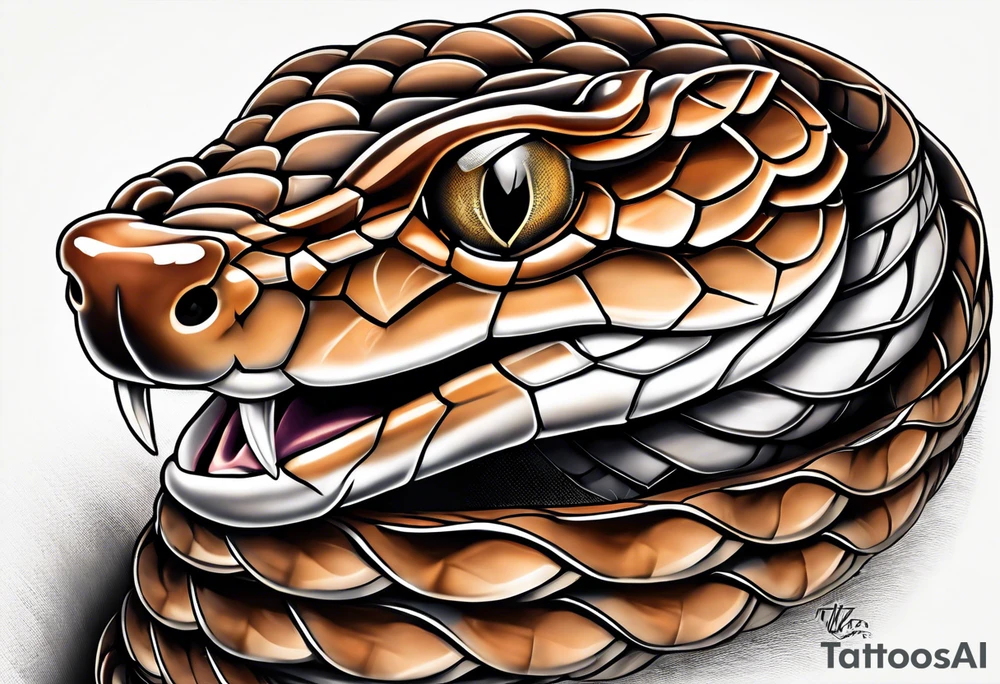 Copperhead coiled up with head turned up and mouth open and copper colored eyes tattoo idea